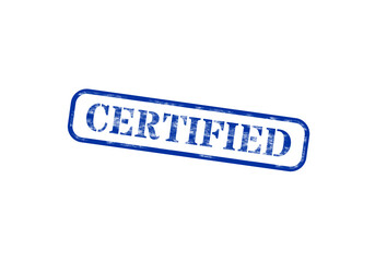 A vintage blue and white certified stamp with distressed edges on a black background
