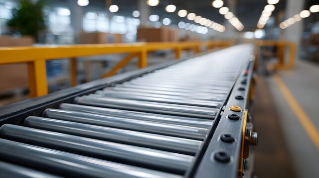 An empty industrial roller conveyor belt stretches into the distance in a modern factory