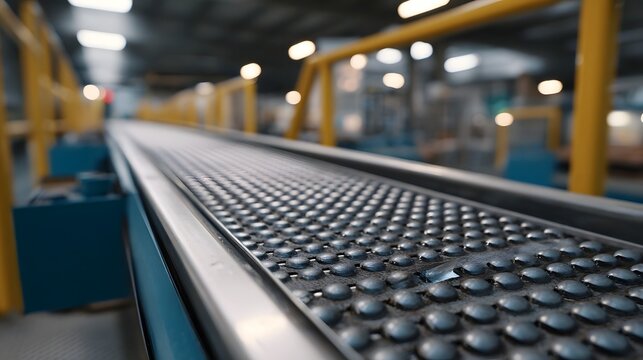 A detailed close up perspective of a textured metallic conveyor belt within a modern industrial factory production line