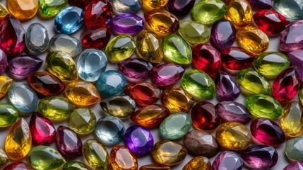 Vibrant Collection of Colorful Gemstones with Various Shapes and Textures Resting on a Light Surface in a Stylish Arrangement for Jewelry and Craft Projects