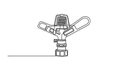Fototapeta premium A detailed line drawing of a single impulse sprinkler head, showcasing its mechanical components and spray arms against a white background.