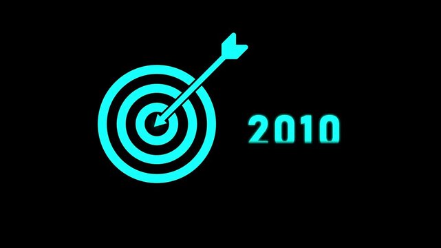 Cyan target with an arrow in the bullseye and the year 2027 on a black background 