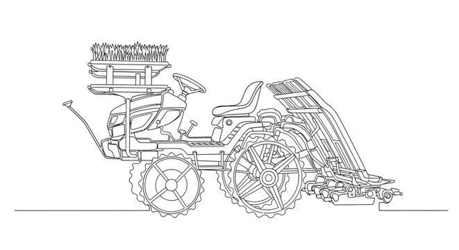 Line drawing of a modern agricultural rice transplanter machine for planting seedlings in fields.