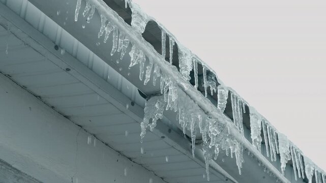 Frozen Gutter Icicles On Roofline, Homeowner Inspecting Damage, Closeup Of Glistening Crystalline Formations