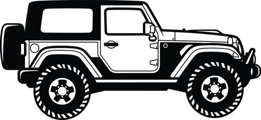 Black and white off road jeep silhouette, rugged four wheel drive vehicle, adventure travel concept, detailed vector illustration isolated on white background ©  BAKKOR