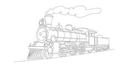 Detailed line art drawing of a vintage steam locomotive train with smoke, moving on a railway track, in a classic style.