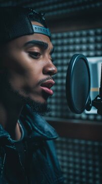 Young black male rapper singing into a professional microphone in a dark recording studio creating music