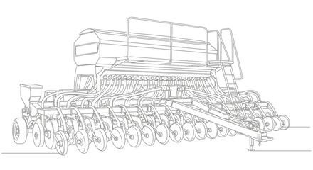 Detailed line drawing of a modern agricultural seed drill for planting crops.