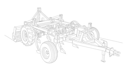 Obraz premium Detailed line drawing of a large agricultural tilling machine or cultivator.