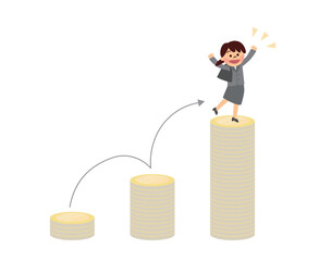 積みあがるコインを駆け上がるスーツ姿の女性