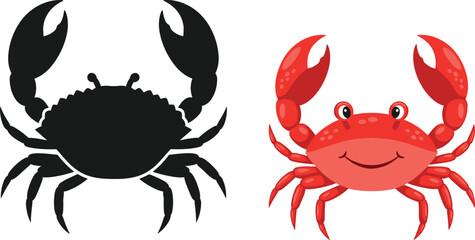 Crab silhouette and cute cartoon crab illustration comparison, marine animal design set, black and red sea creature vector artwork isolated on white background ©  BAKKOR