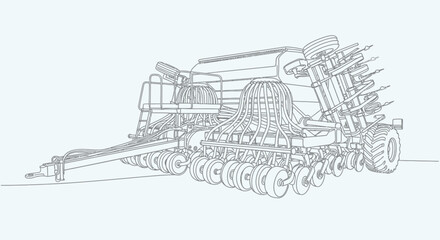 Fototapeta premium Detailed line drawing illustration of a modern agricultural seed drill or planter machine for farming.