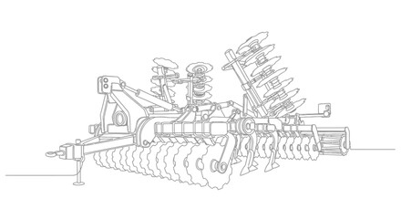 Obraz premium Technical line drawing illustration of a modern agricultural disc harrow for soil cultivation and seedbed preparation.