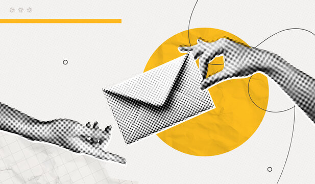Trendy Halftone Collage Two Hands exchanging mail envelope. Hand passes letter to recipient. Forward document by email. Online newsletter. Contemporary vector illustration art