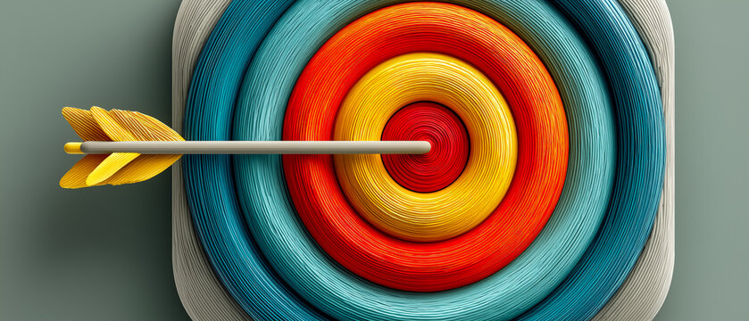 目標達成とビジネスの成功を象徴するカラフルな3Dターゲットと矢のアイコン