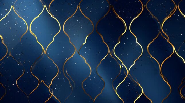 Islamic geometric pattern animation with abstract light and cultural elements in a dark blue environment from a frontal viewpoint