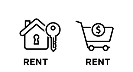 Renting Property and Goods Icon: House with Key and Shopping Cart with Dollar Sign and Rent