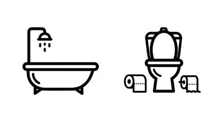 Essential Bathroom Fixture Line Icons with Bathtub, Shower, Toilet, and Toilet Paper for Restroom Signage