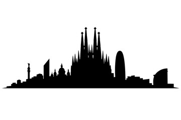 Fototapeta premium Barcelona city skyline silhouette with Sagrada Familia and modern landmarks, panoramic black vector illustration of Spanish city isolated on white background design art