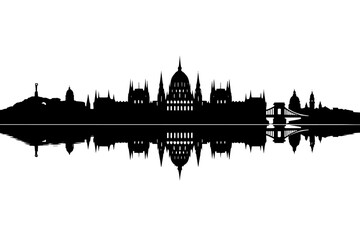Fototapeta premium Black silhouette illustration of Budapest skyline with the Hungarian Parliament Building and Chain Bridge reflected on the river. Minimal panoramic cityscape design ideal for travel, architecture