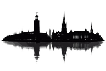 Fototapeta premium Black silhouette illustration of Stockholm skyline with the iconic City Hall tower and historic spires reflected on water. Minimal panoramic cityscape design ideal for travel, architecture