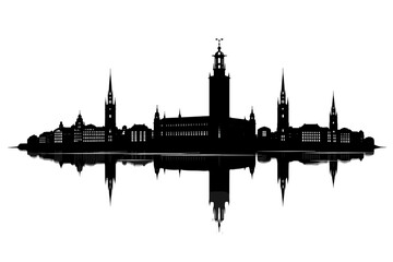 Naklejka premium Black silhouette illustration of Stockholm skyline with the iconic City Hall tower and historic buildings reflected on water. Minimal panoramic cityscape design ideal for travel, architecture