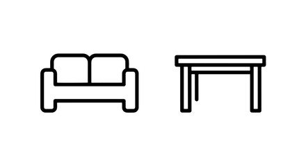 Simple Living Room Furniture Icons: Modern Two-Seater Sofa and Rectangular Table for Home Interior