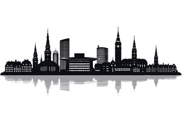 Black silhouette illustration of Copenhagen skyline with historic spires and modern buildings reflected on water. Minimal panoramic cityscape design ideal for travel, architecture