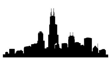 Obraz premium Black silhouette illustration of Chicago skyline featuring iconic skyscrapers including Willis Tower. Minimal panoramic cityscape design suitable for travel, urban, architecture, and business themes.