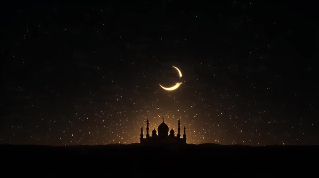 A serene silhouette of a mosque at dusk with a crescent moon shining brightly in a starry night sky video
