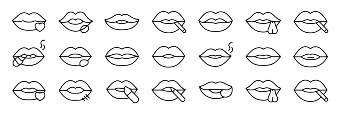 Lips icon set with various expressions and cigarette, black outline minimalist design featuring icons, smoke, kiss with seductive and sensual elements for mouth, lip projects, clean composition on