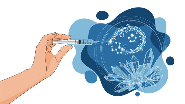 Hand holding a syringe injecting a substance into a crystalline structure for biotechnology or medical research.