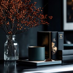 Dark teal coffee cup and tray, complemented by dried botanicals.