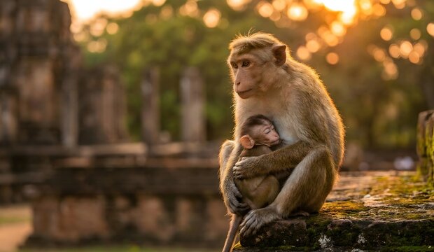 Mother Monkey Hugging Baby, Empathy and Maternal Love Wildlife Wallpaper. 