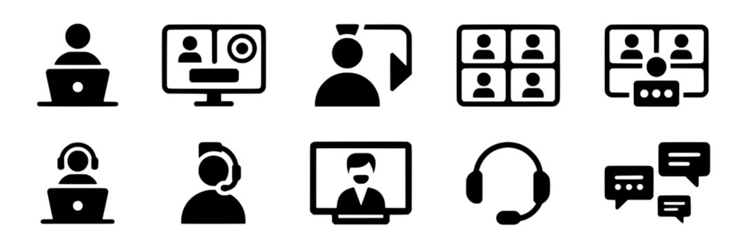 Icons video conference set with black simple designs, minimalist remote work symbols, modern communication glyphs featuring glyph, web conferencing, online meeting with collaboration and team