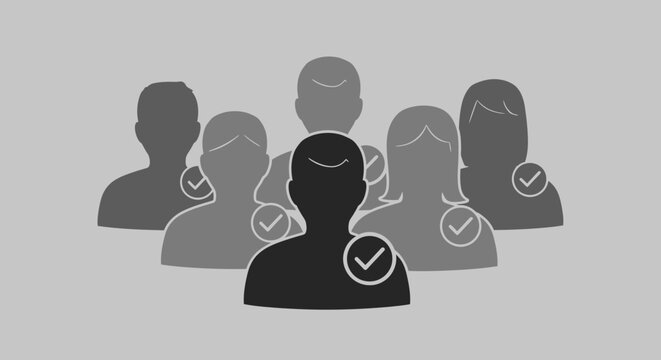 Group of diverse people with one person selected and a checkmark on a gray background.