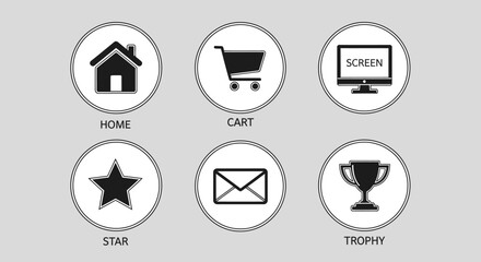 Fototapeta premium Minimalist UI website navigation outline icons set with home, cart, screen, star, email, trophy on isolated white background.