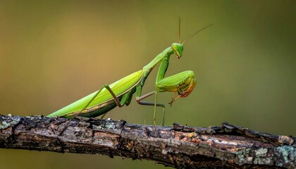 A vibrant green praying mantis rests on a textured tree branch, its body angled towards the viewer.