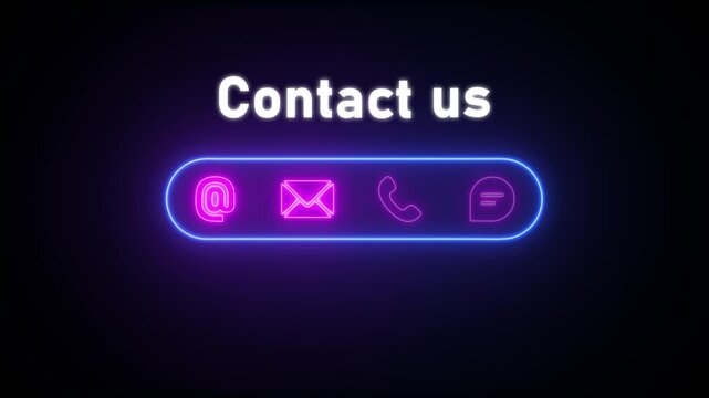 Neon contact us icons with glowing text on dark background communication
