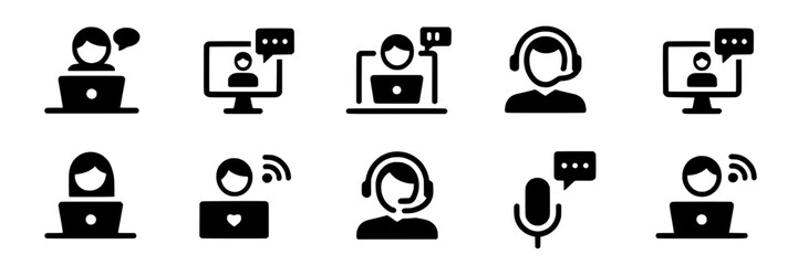 Icons customer service set with computer and headset elements featuring support, communication, technology with tech support and online support elements for help desk, technical support projects,