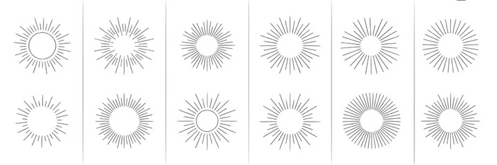 Sunburst line icon set with vintage radial rays and circular frames, minimal black outline starburst shapes for logo, badge, sticker, tattoo, and retro design elements