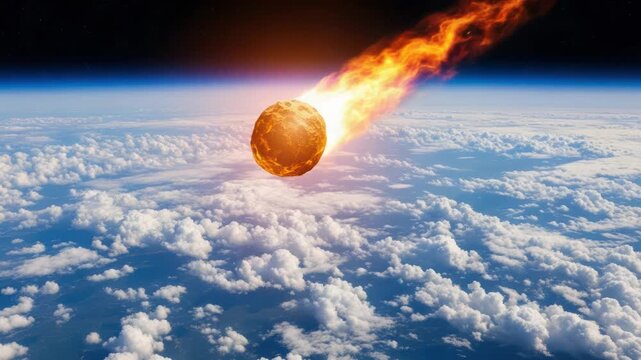 Fiery meteor streaks through Earth's atmosphere above clouds, space travel concept