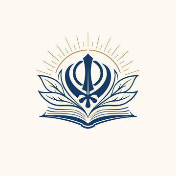 Sikh Khanda Symbol on Open Book with Golden Sun Rays Spiritual Logo Emblem