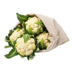 Fresh cauliflower florets displayed in a white sack with green leaves attached