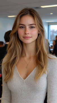 Portrait of young woman with long blonde hair and freckles, wearing light grey v-neck sweater and delicate gold necklace, indoor setting with soft lighting