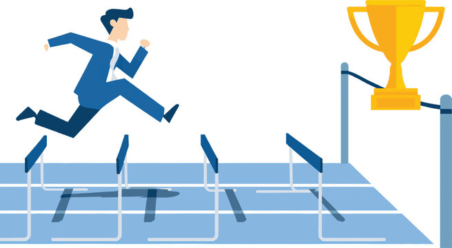 Businessman running hurdles to trophy, vector illustration for motivation or success concept, isolated on transparent background, png