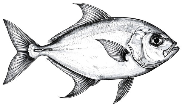 Detailed hand-drawn pompano fish illustration in a vintage engraved style, featuring realistic body proportions and fins.