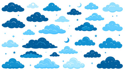 Collection of Blue Cartoon Clouds and Moon.
