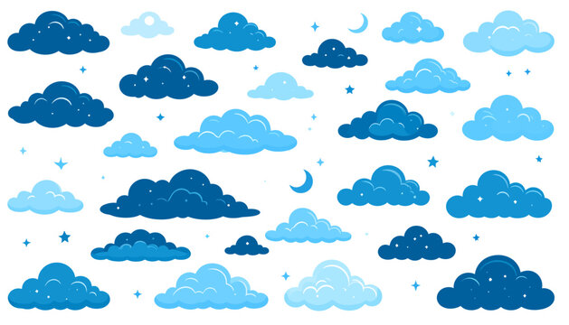 Collection of Blue Cartoon Clouds and Moon.