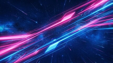 Obraz premium Futuristic speed motion background, fast diagonal light streaks, glowing pink and electric blue lines slicing across dark blue space